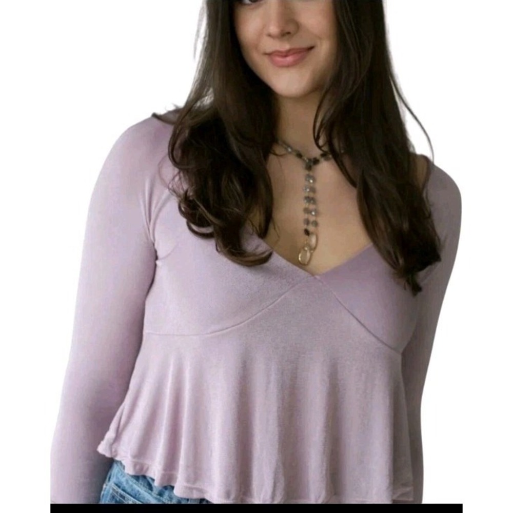 FP Intimately Free V-neck Babydoll Flare Sleeve Top‎ Mauve Pleated Boho Hippie